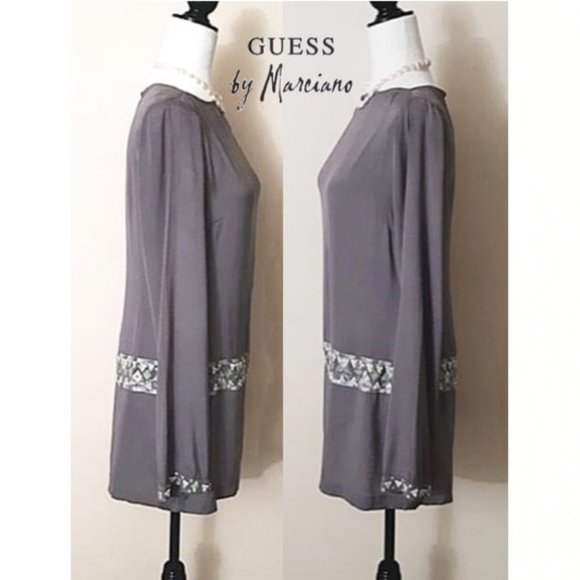 GUESS by MARCIANO Silk Blend Dress Embroidered MOP Sequin Button Grey Tu… - Picture 2 of 12